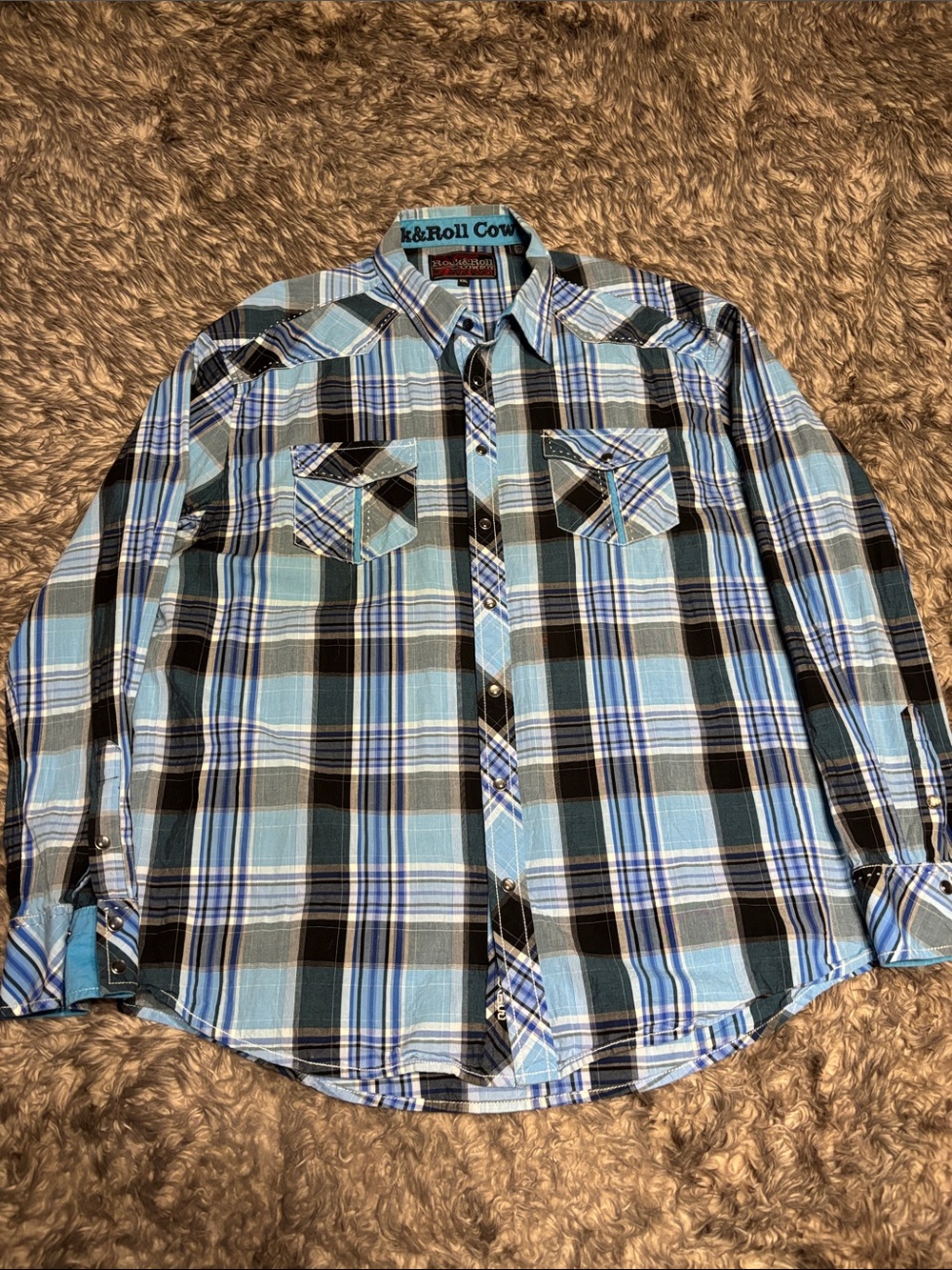 Rock & Roll Cowboy Men’s Light Blue Plaid Casual Button-Down Shirt